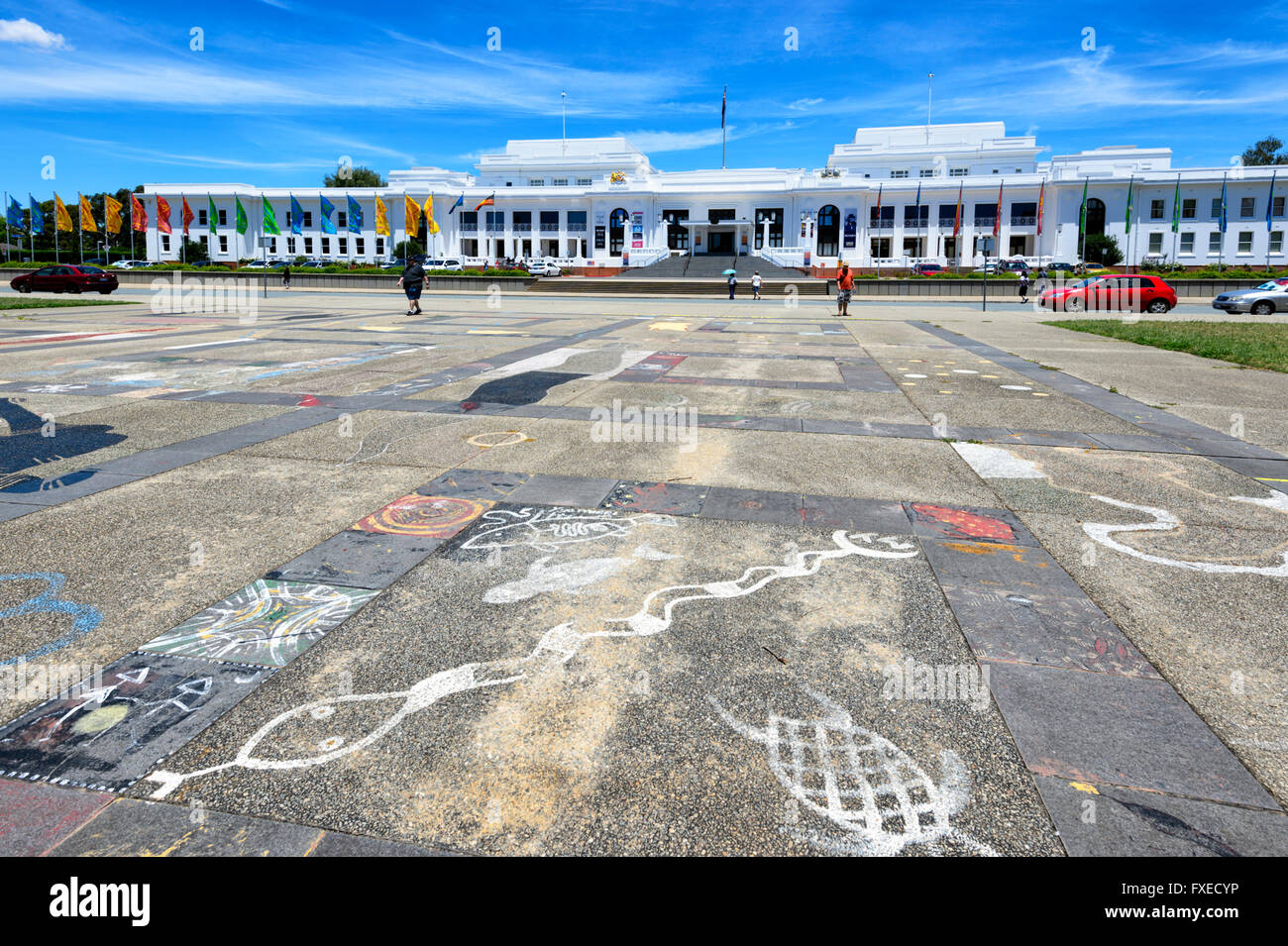 Canberra Old Parliament House, with Aboriginal Paintings on the Pavement, Australia Capital Territory, ACT, Australia Stock Photo