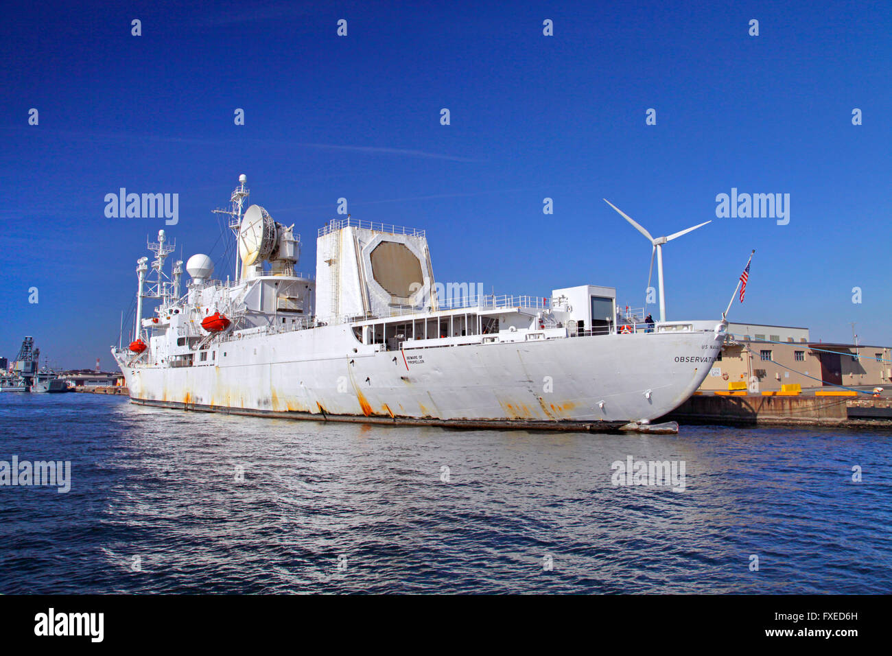 Missile range instrumentation ship USNS Observation Island at Yokohama Port Japan Stock Photo