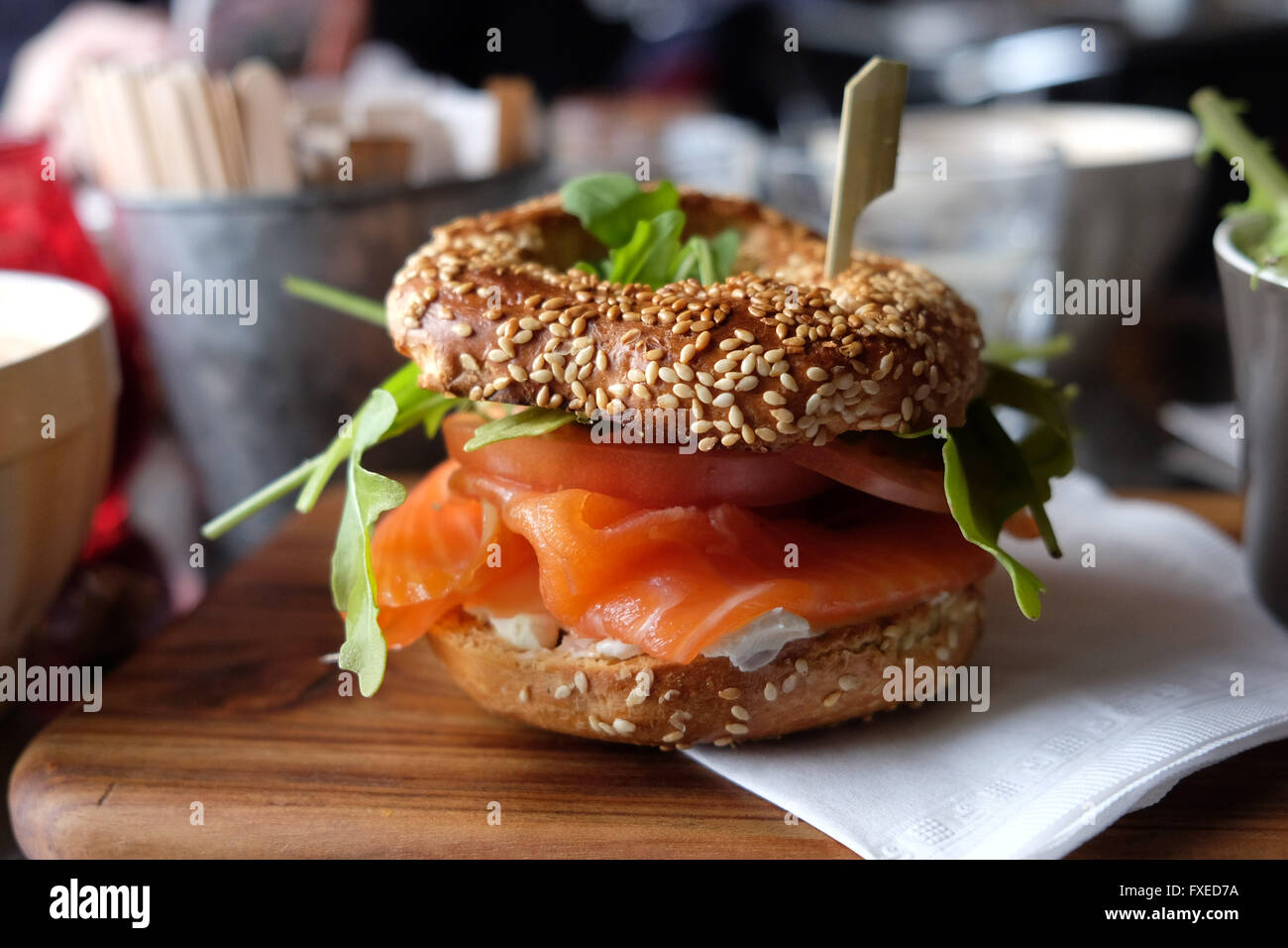 A bagel with Salmon and Cream Cheese, served in a cafe in Montreal, Canada. Stock Photo