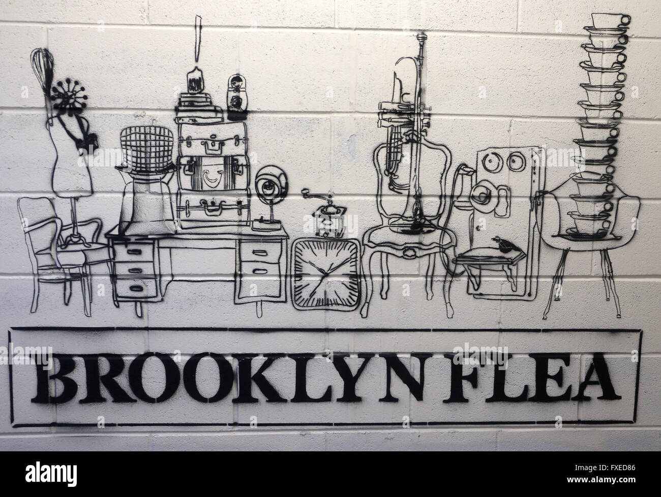 A sign for the indoor Brooklyn Flea market at Industry City in Brooklyn, New York, United States of America. Stock Photo