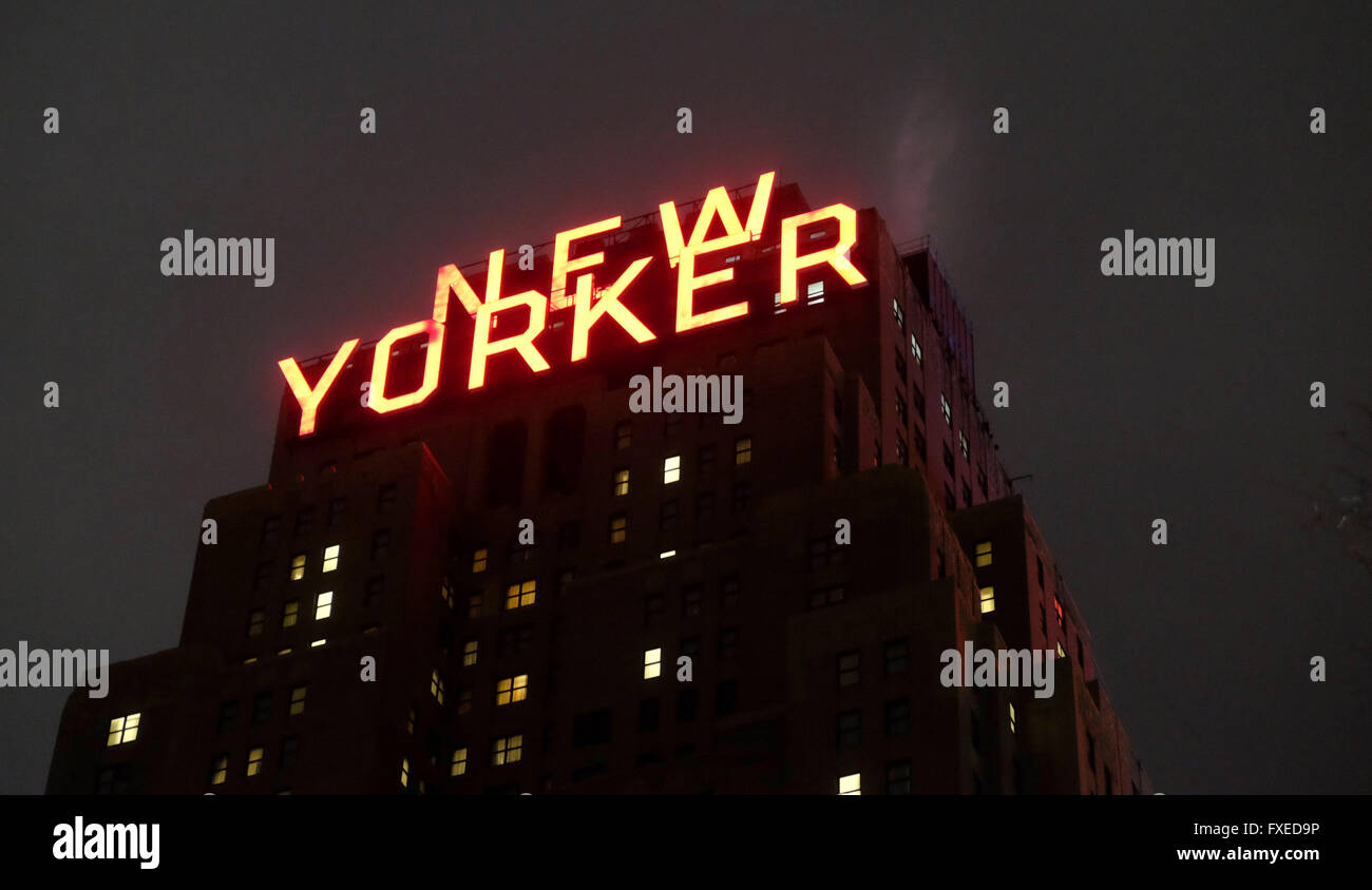 Night view of the top of the New Yorker, now a Wyndham Hotel in New York City, United States of America. Stock Photo
