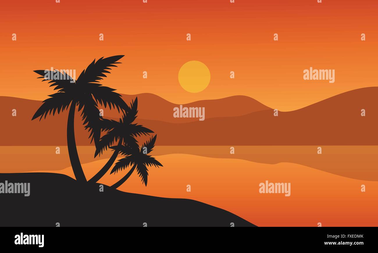 Tree palm trees silhouette on sunset tropical beach Stock Vector Image ...