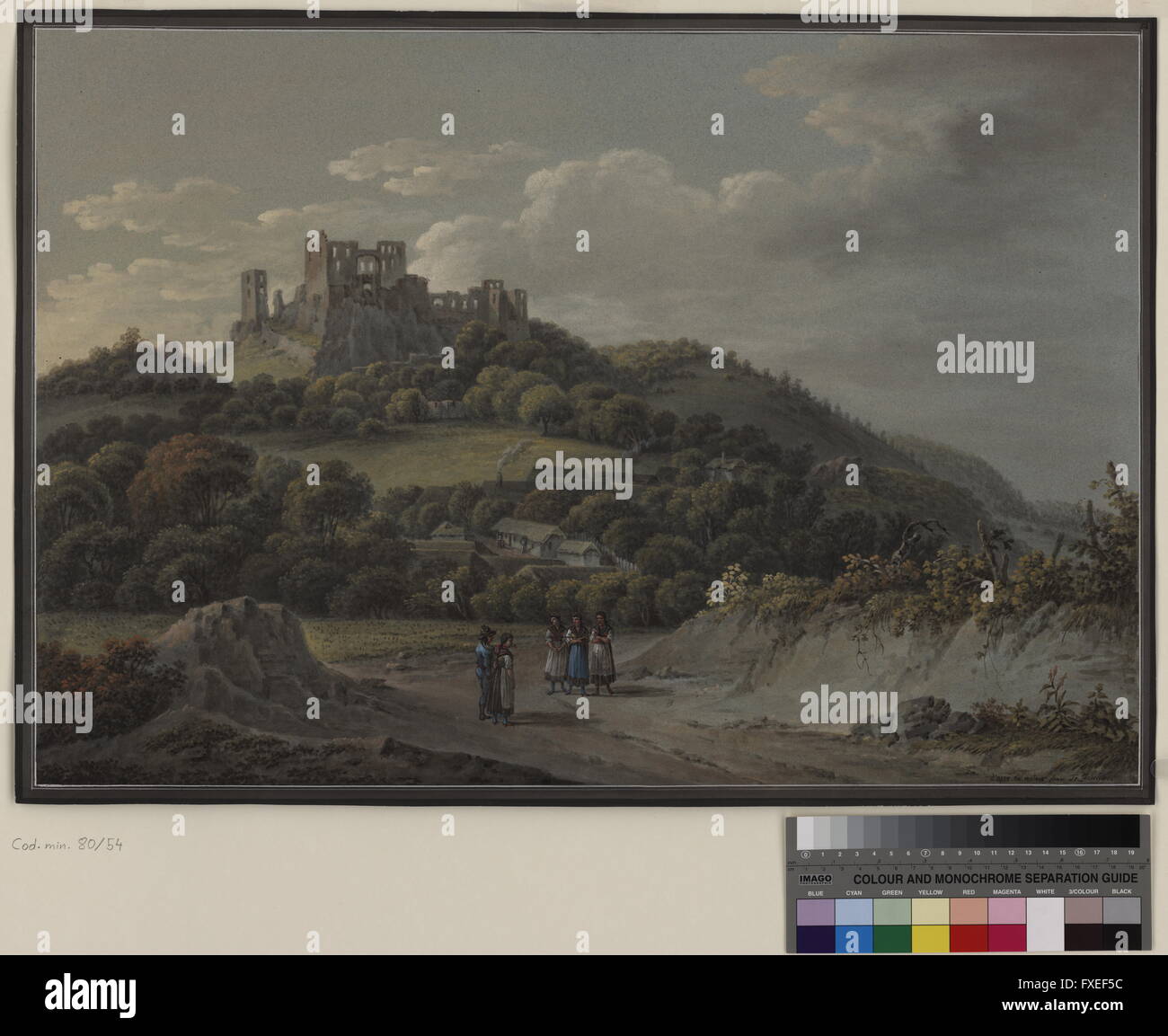 Cod. Min. 80, Tf. 54: Landschaften in Österreich und Italien: Burg Csesznek Stock Photo