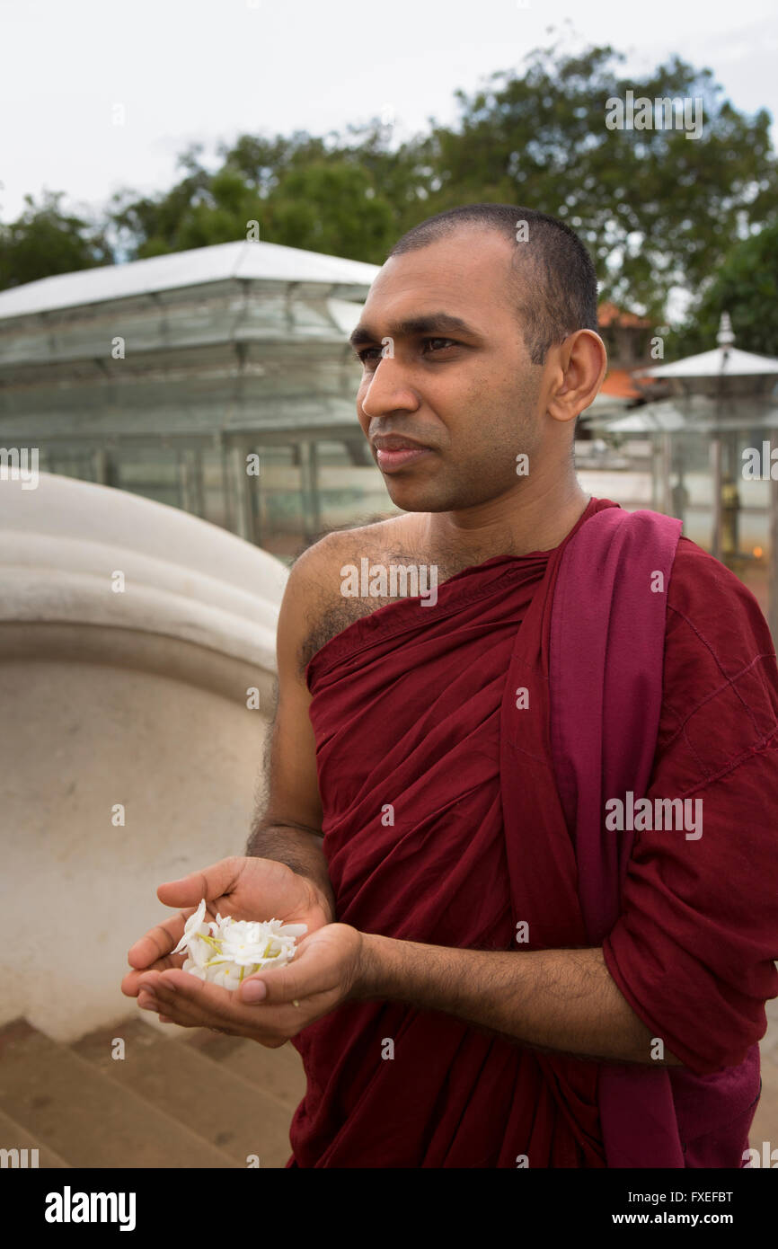 Sri Lanka, Kataragama, Kiri Devale, Buddhist monk with handful of jasmine as offering Stock Photo