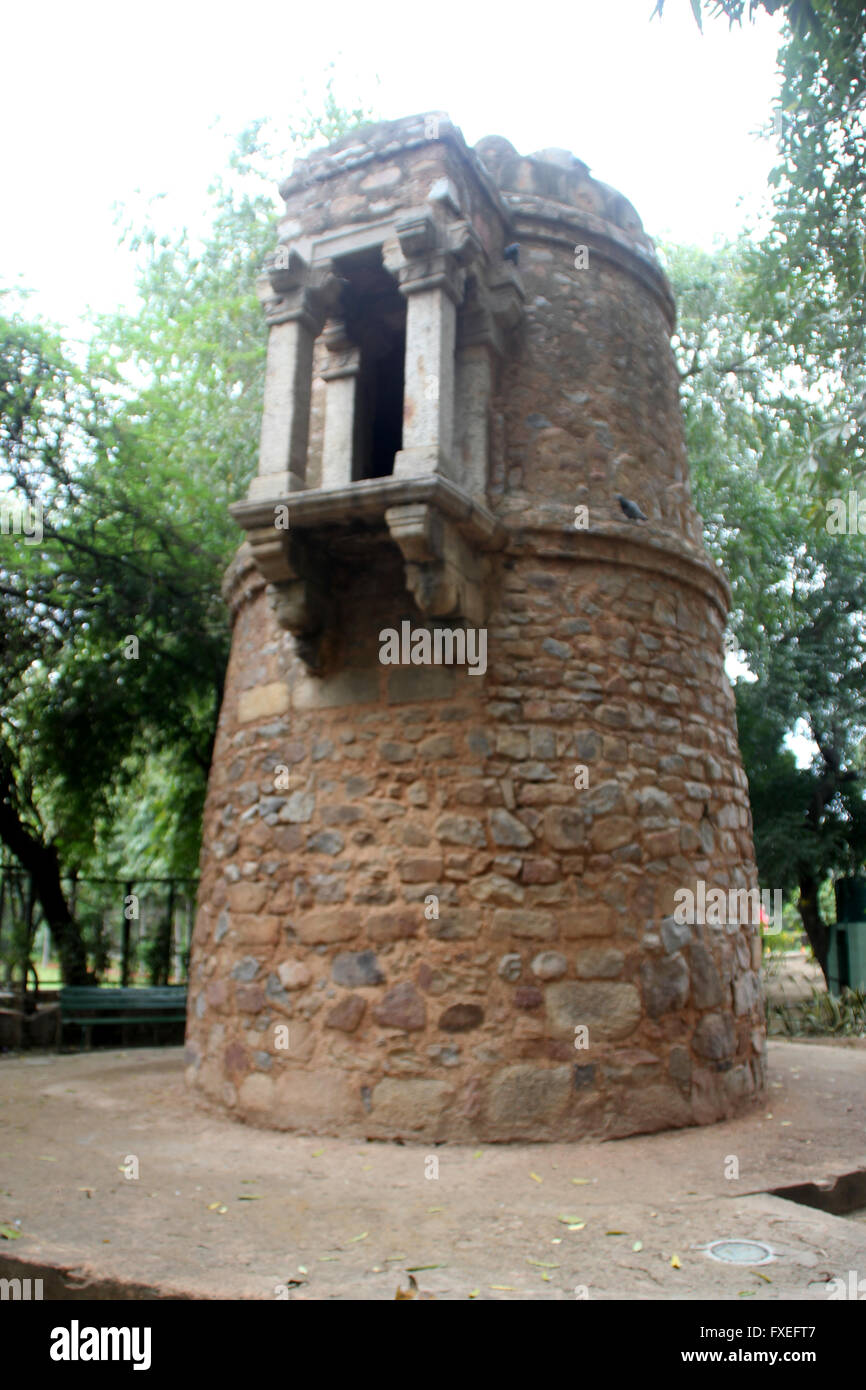 Turret from Lodhi Period, Lodhi Gardens, constructed from rubble masonry, lower level with a room, upper with jharokha Stock Photo