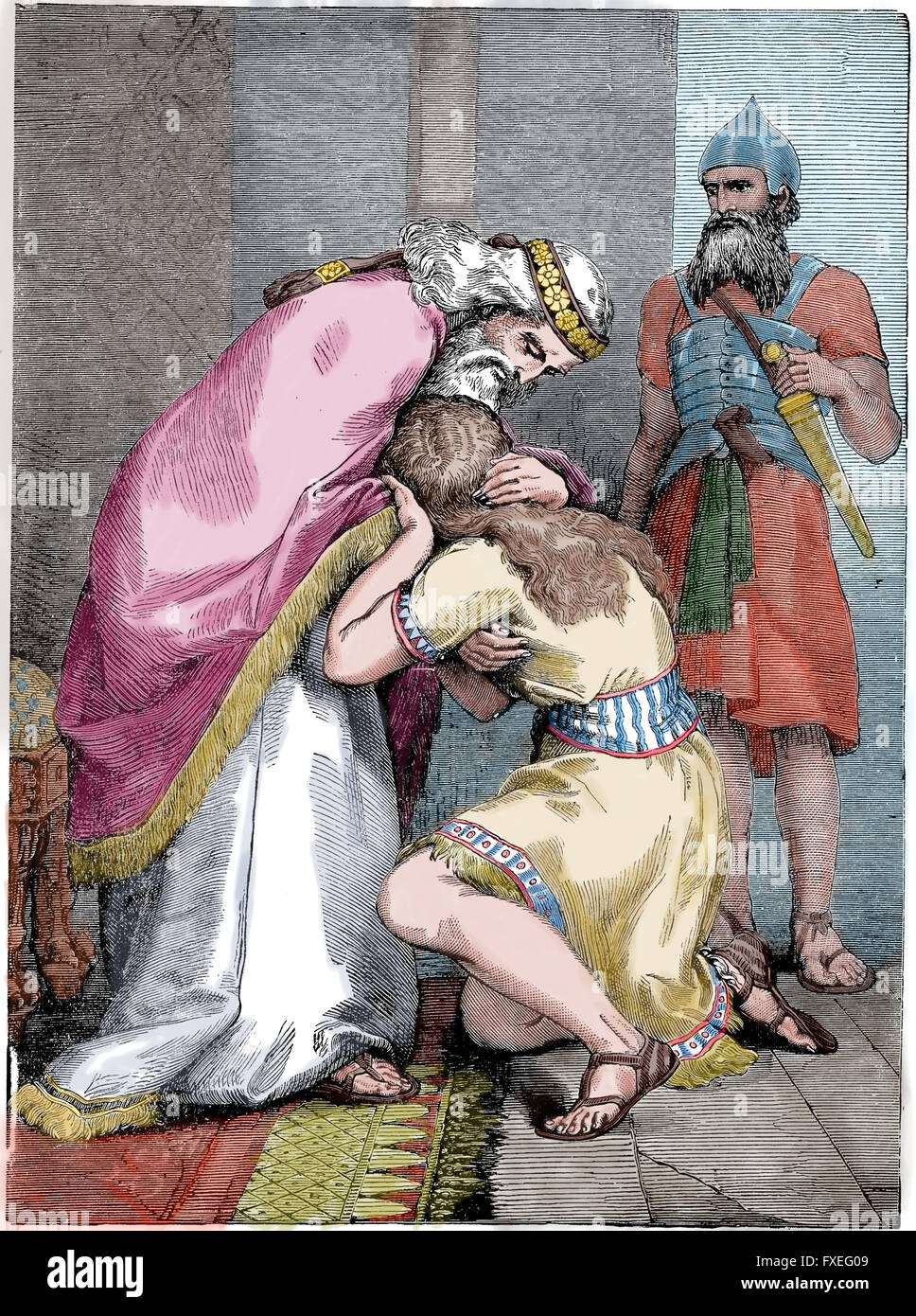 Old Testament. David sends for Absalom and kisses him. Engraving. Color. 19th century. Stock Photo