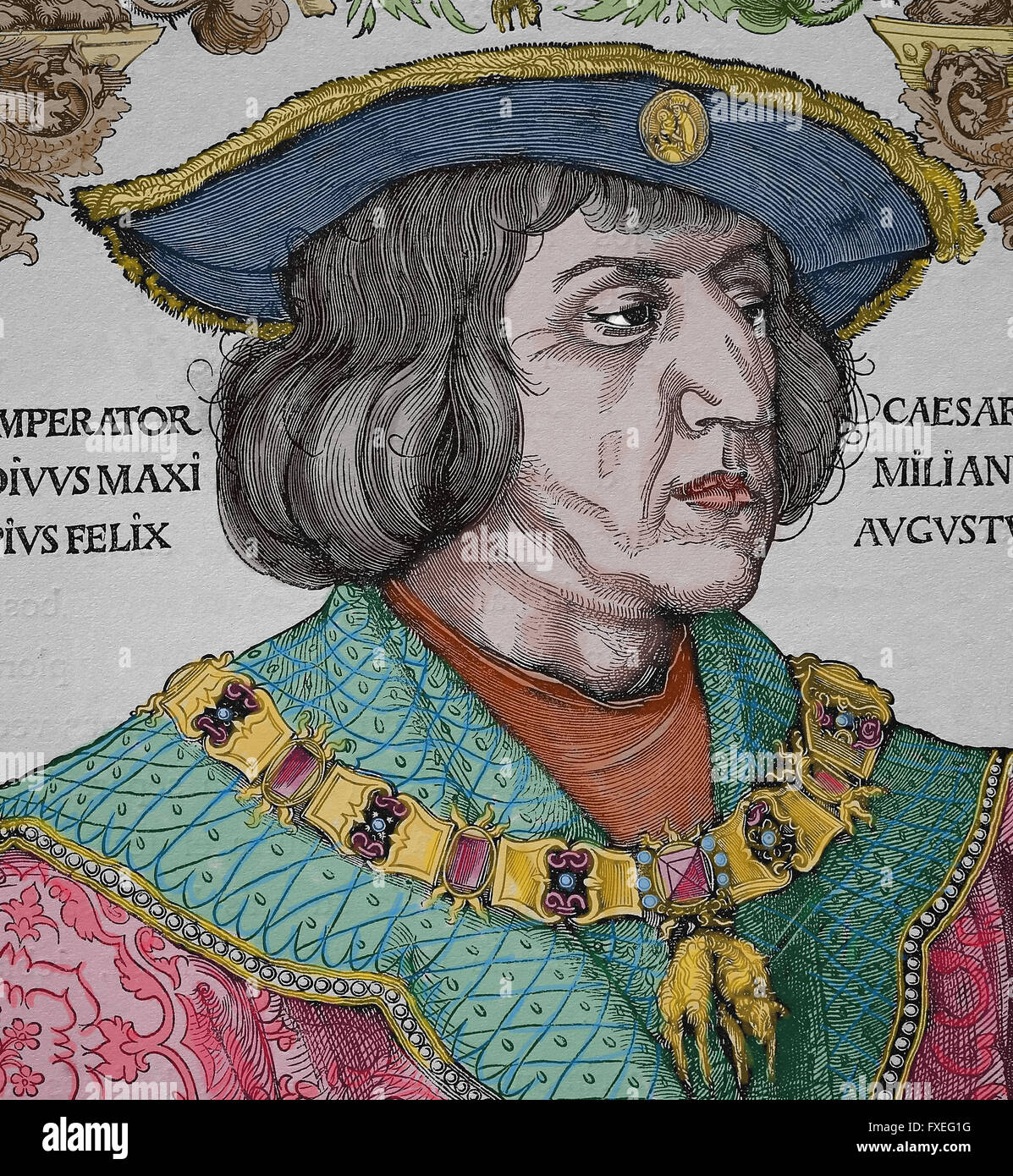 Ferdinand I, Holy Roman Emperor (1503-1564). Engraving. Portrait. Color. Stock Photo