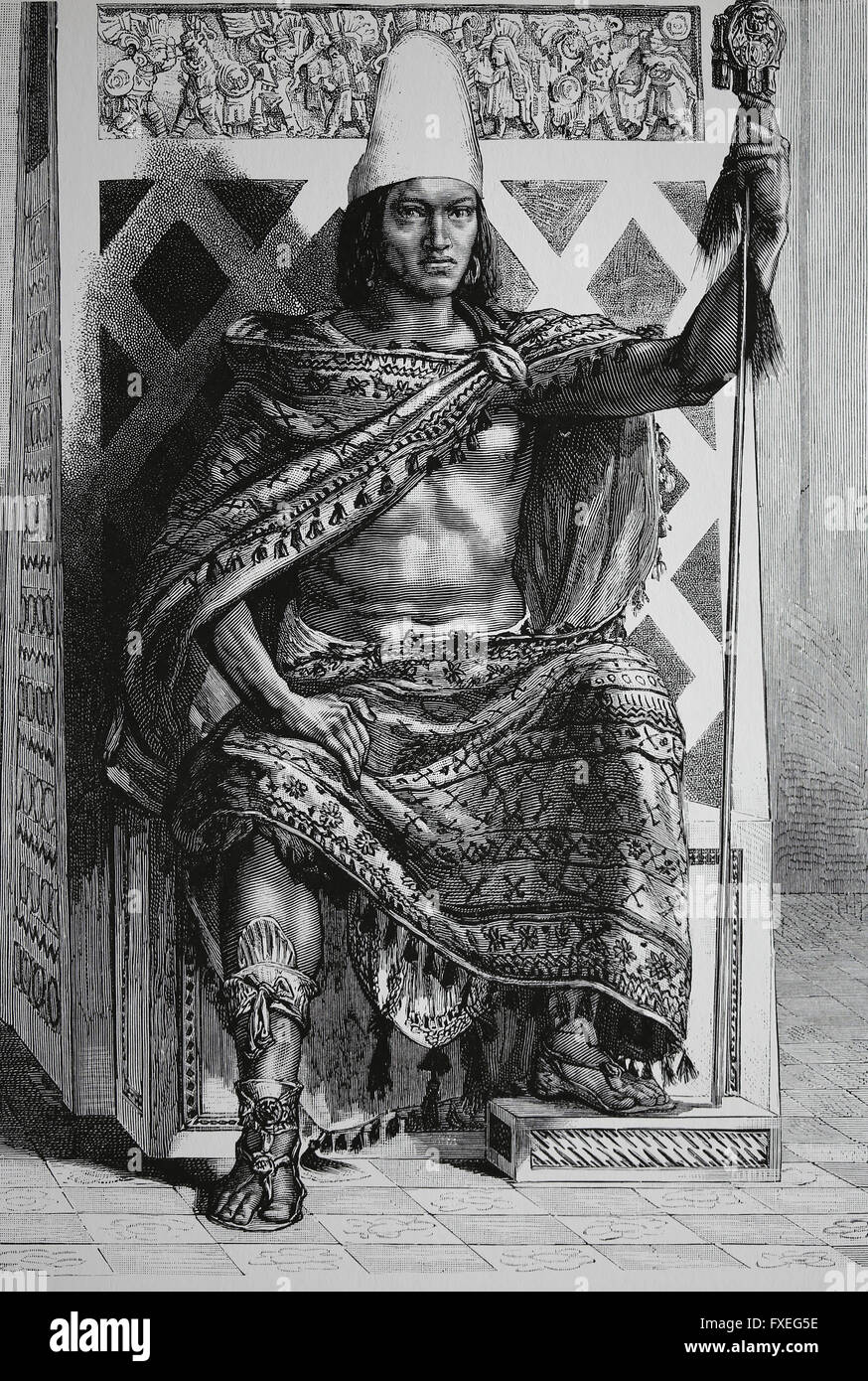 Maya king. Engraving, 19th century. America. Mexico. Stock Photo