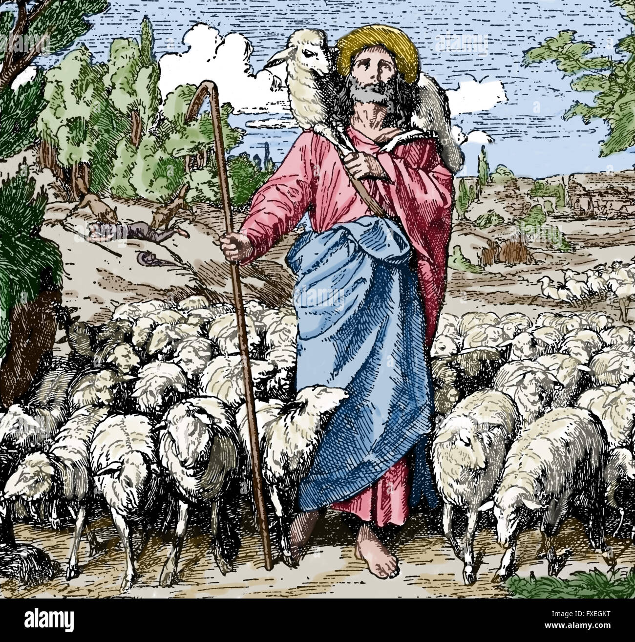 Parable of the Good Shepherd. Engraving, 19th century. Color Stock Photo Alamy