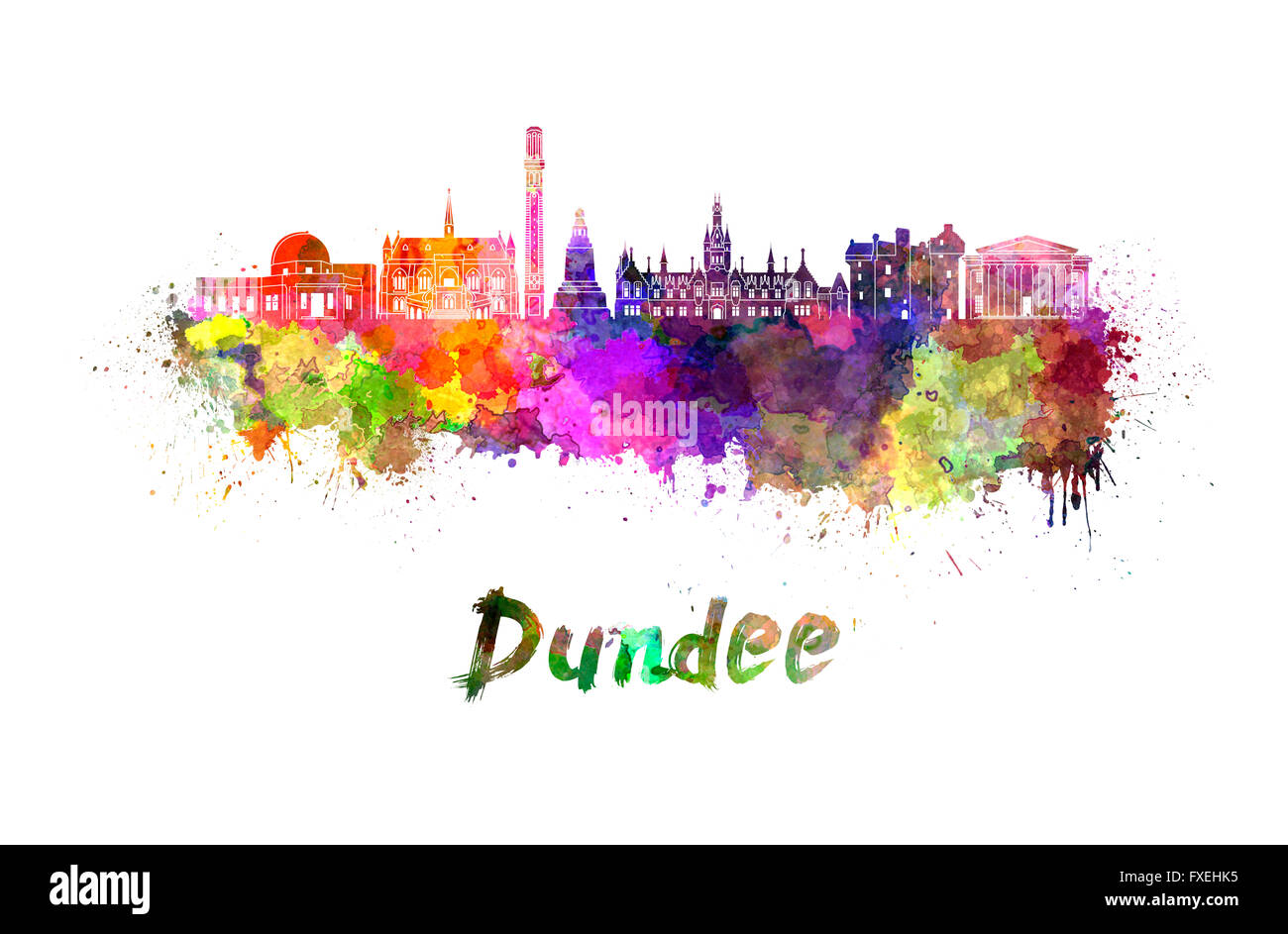 Dundee Lettering Blue Dundee skyline in watercolor splatters with clipping path Stock Photo ...