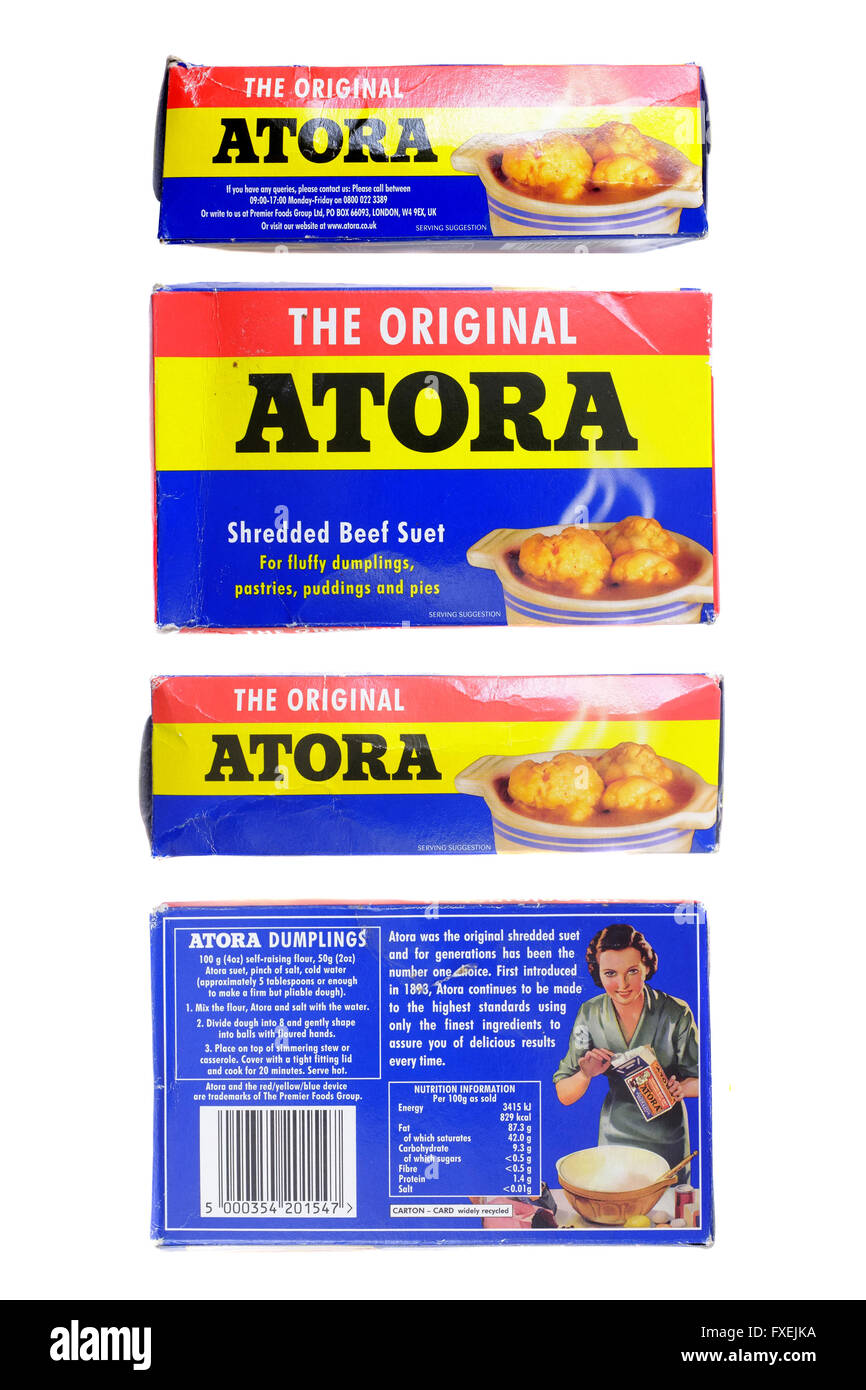 The front, back and side of a box of Atora suet photographed against a  white background Stock Photo - Alamy
