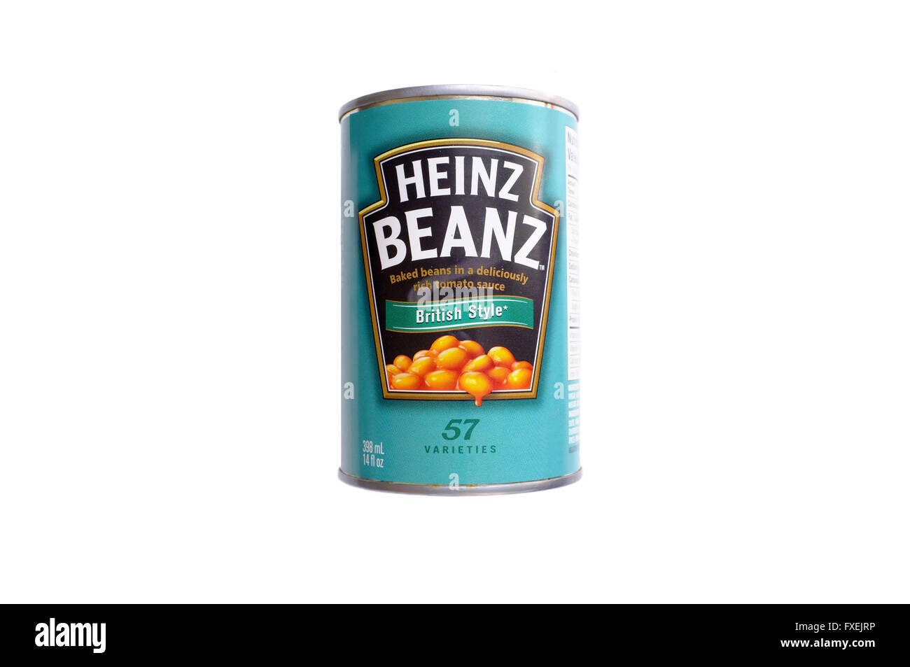 A tin of British style Heinz Beanz photographed against a white background. Stock Photo