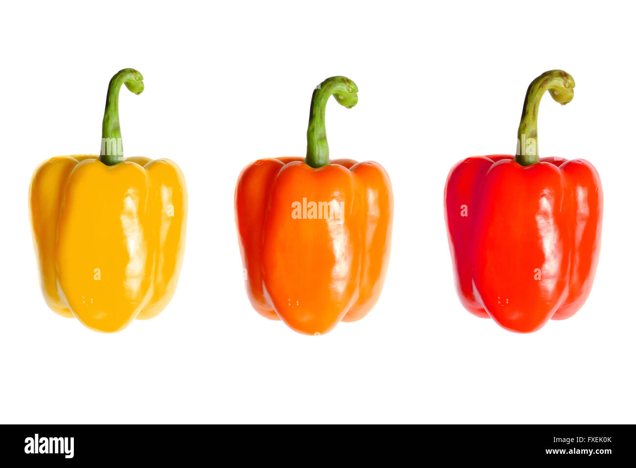 Three bell peppers seen from above photographed against a white background. Stock Photo