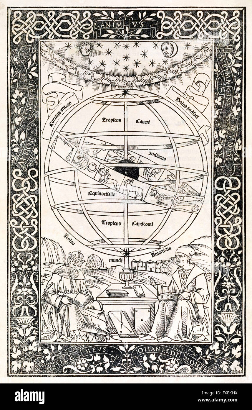 Ptolemy and Regiomontanus sitting beneath an armillary sphere. Frontispiece from 'Epitoma in almagesti Ptolemei' by Johannes Müller von Königsberg (1436-1476) also known as Regiomontanus. See description for more information. Stock Photo