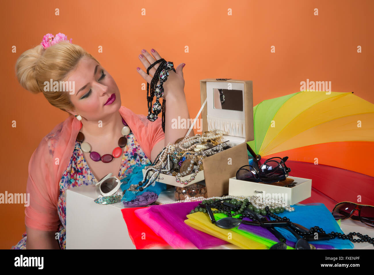 Young woman with her accessories collection Stock Photo Alamy