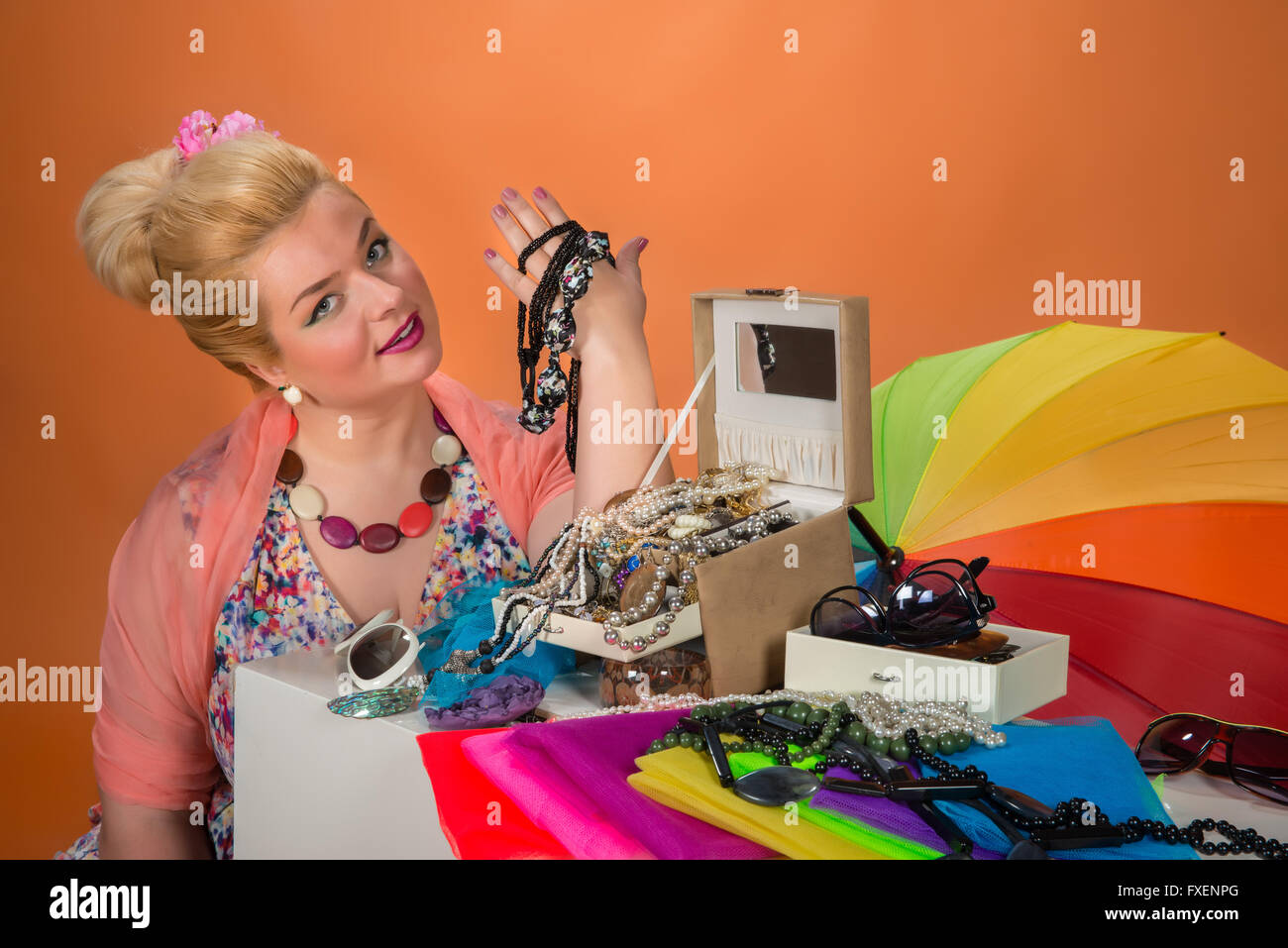 Young woman with her accessories collection Stock Photo Alamy