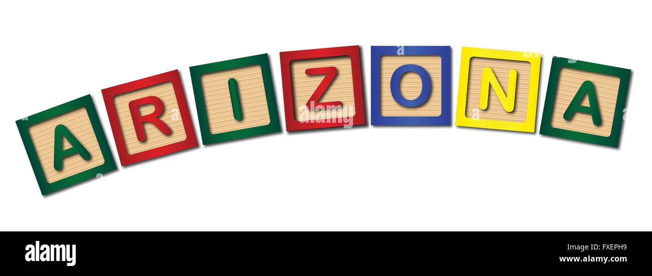 A collection of wooden block letters spelling ARIZONA over a white ...