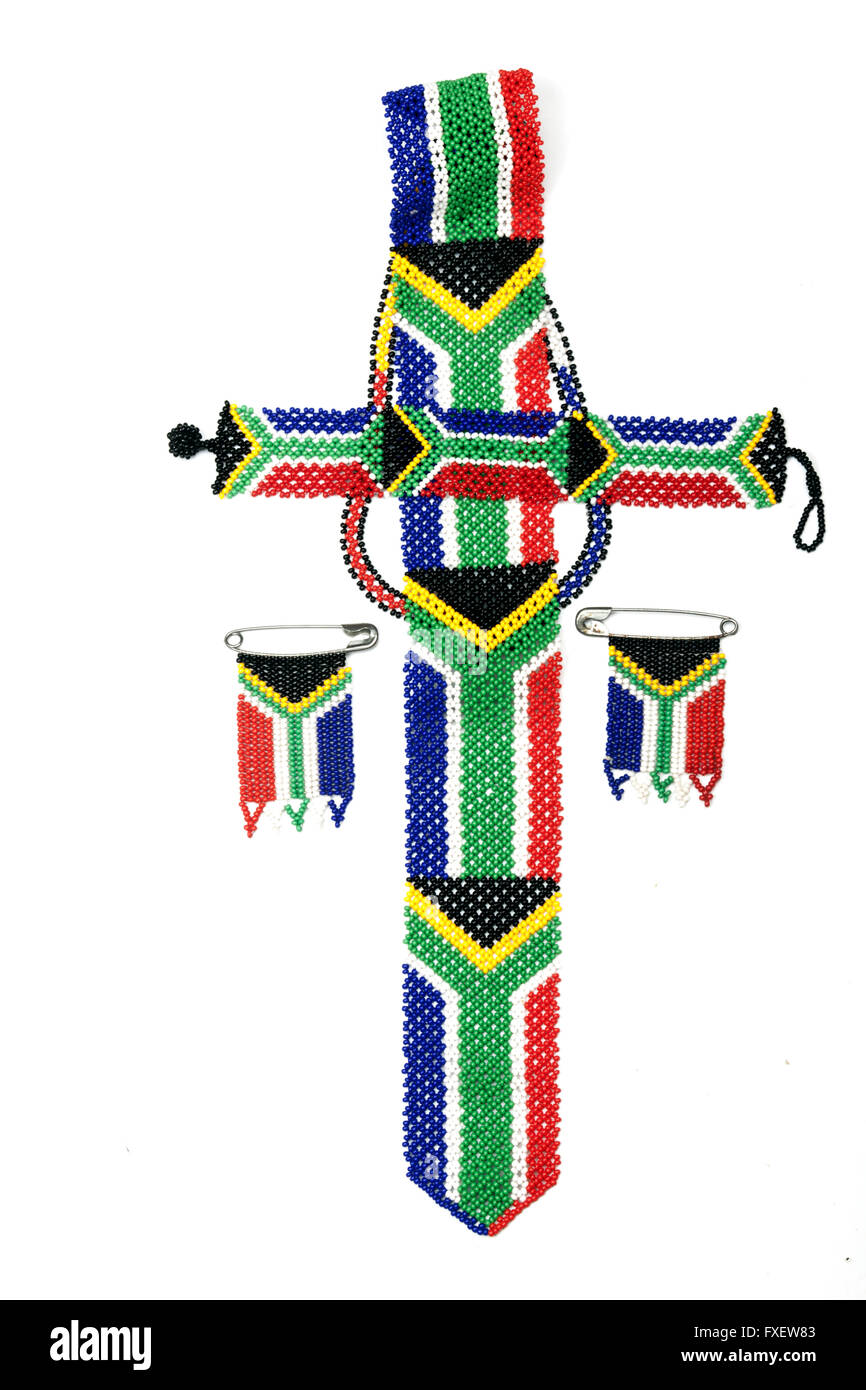 Colorful ethnic Zulu beads threaded in the colors of the south African flag Stock Photo