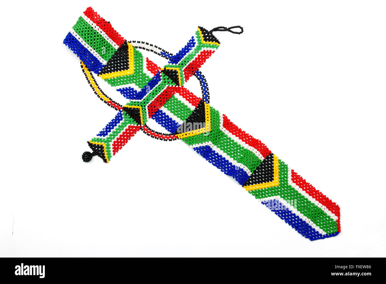 Colorful ethnic Zulu beads threaded into a necktie of the South Afican flag Stock Photo
