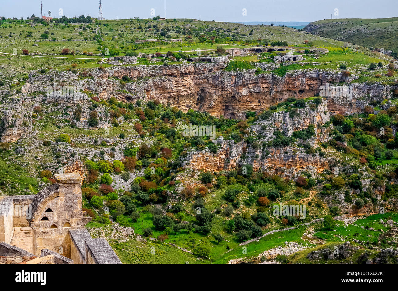 View of the Park of the Rupestrian Churches and the Gravina Valley, from the town of Matera, Basilicata, Italy Stock Photo
