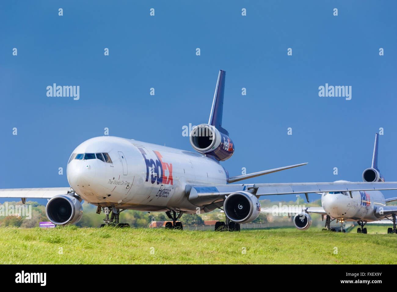 FedEx Express airline jets on taxiway at Memphis International Airport, FedEx's global headquarters in Memphis, Tennessee, USA. Stock Photo
