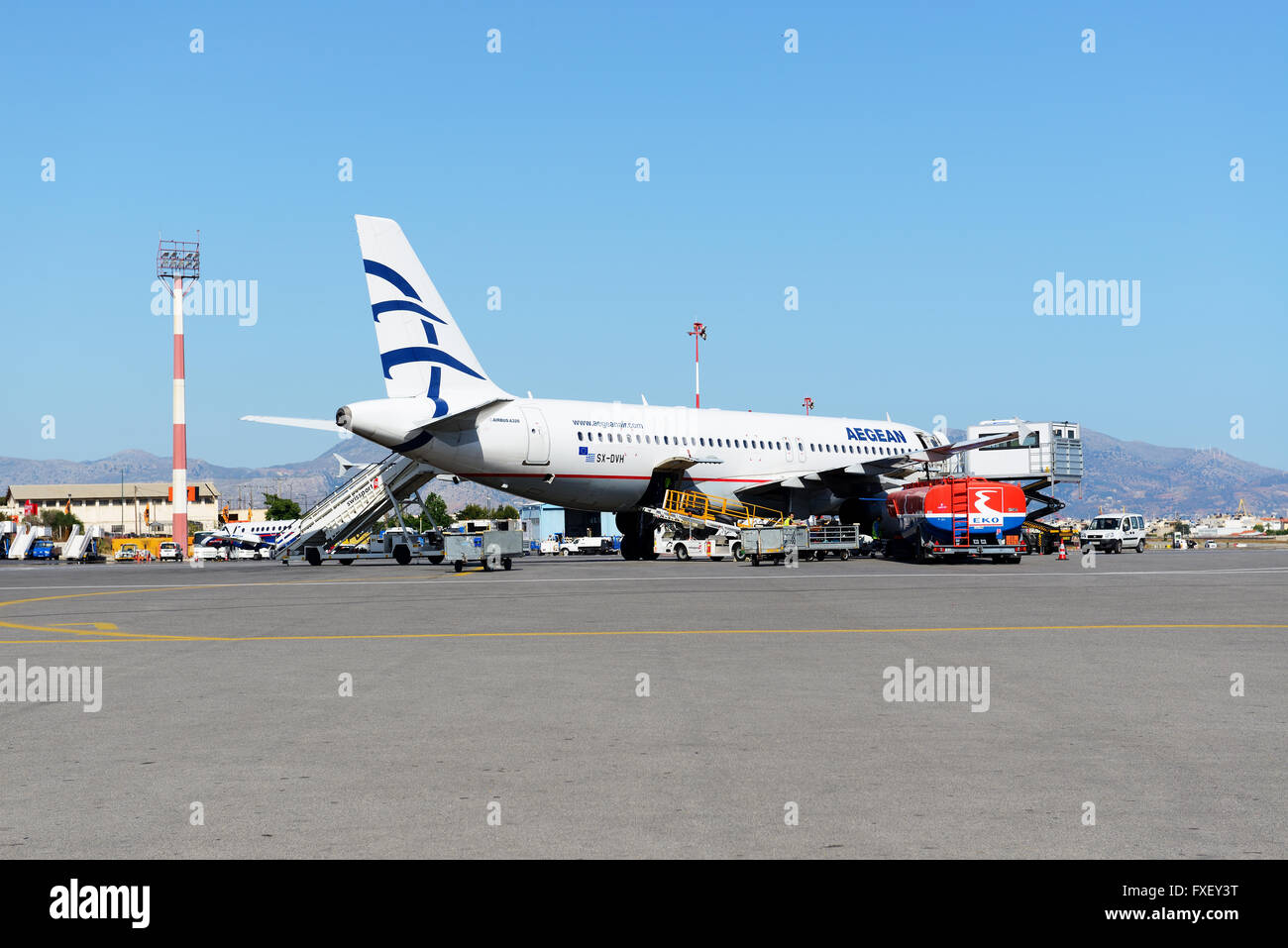 The aircraft of Aegean Airlines taking maintenance at Iraklion Airport, Greece Stock Photo