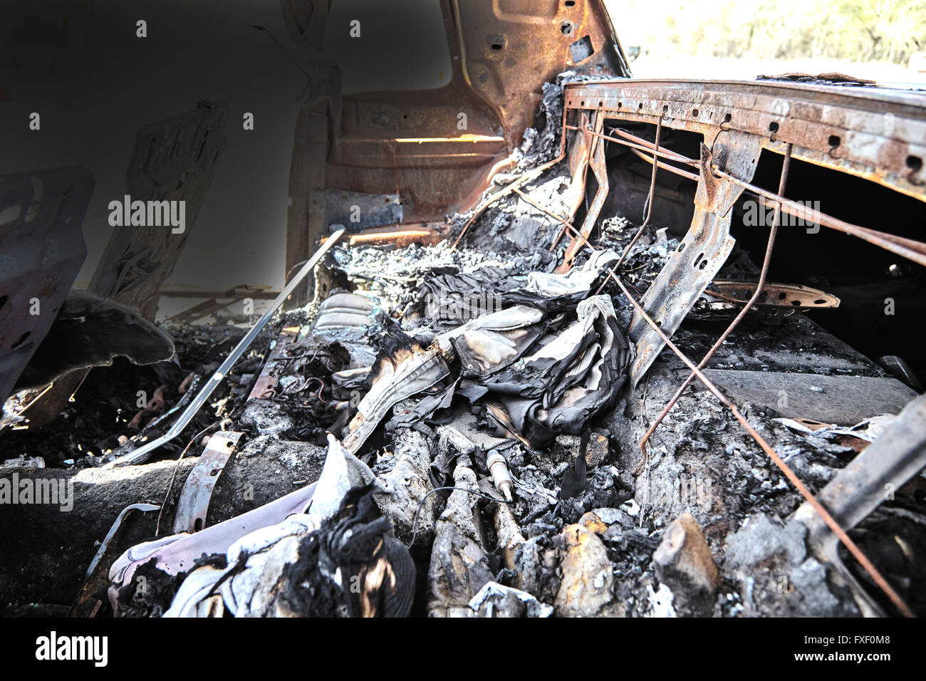 automobile car truck interior fire damage after highway collision Stock Photo