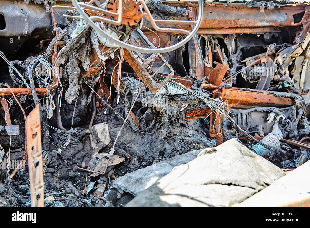 automobile car truck interior fire damage after highway collision Stock