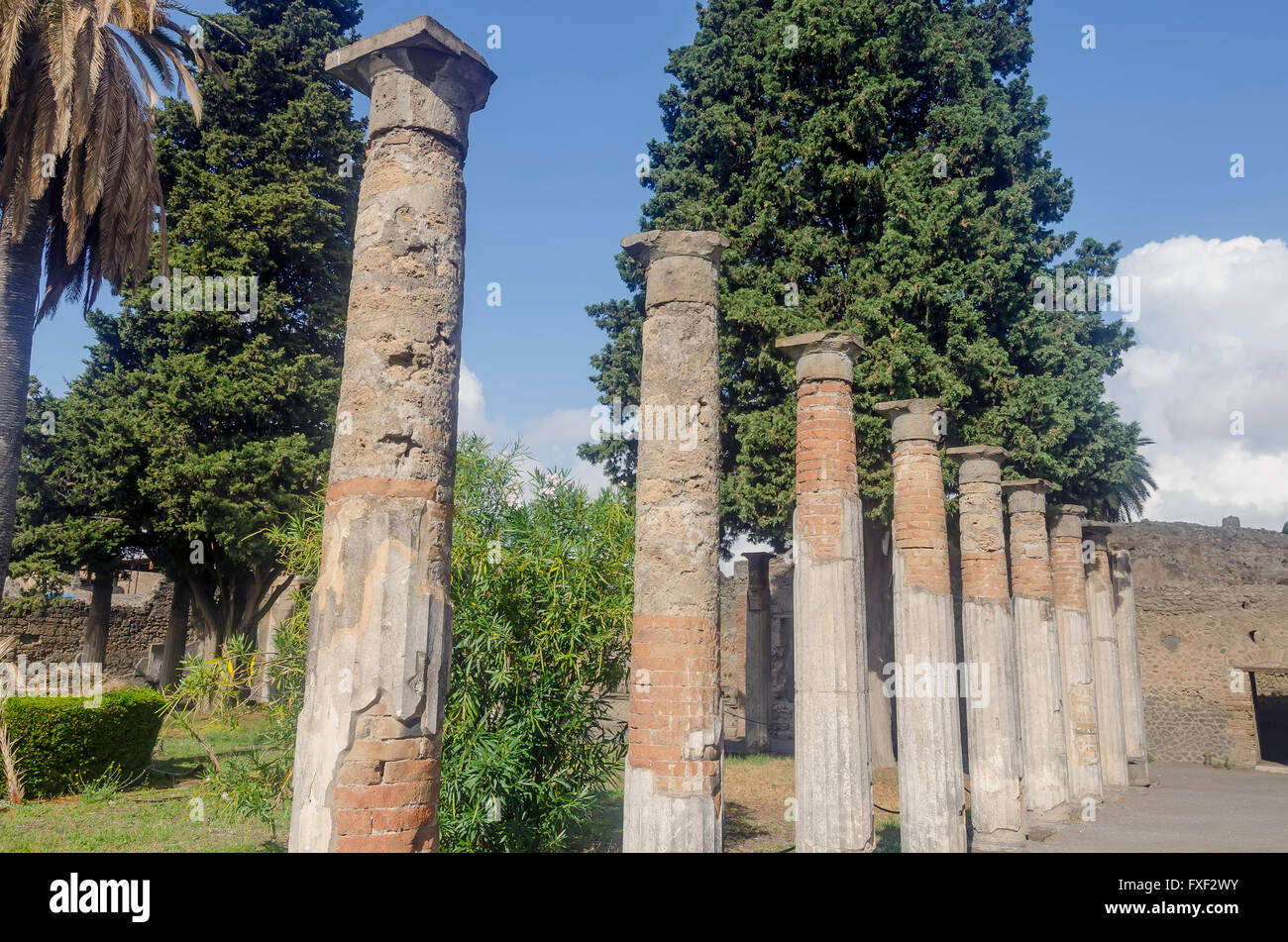 Standing Roman columns or pillars in garden of House of the Faun Pompeii Italy Stock Photo