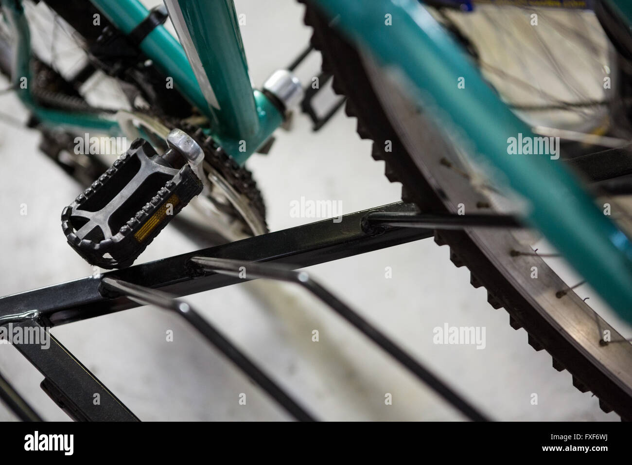 Close up of pedal and wheel bike Stock Photo