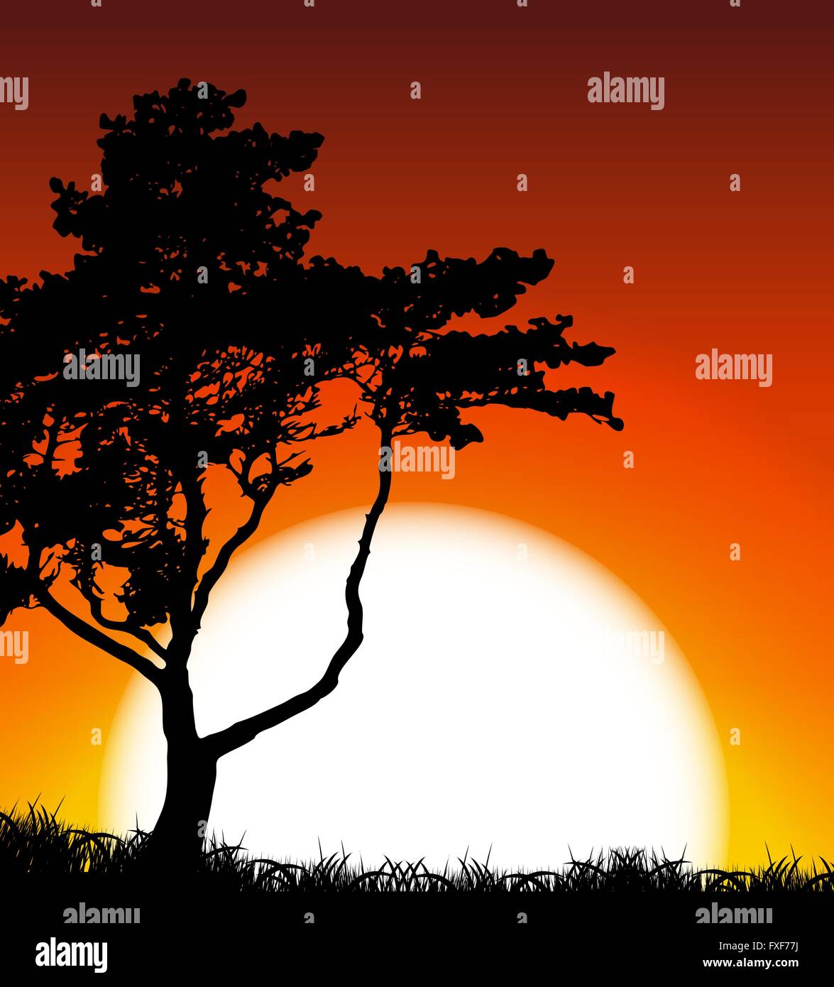Silhouette of Tree on Sunset Background. Vector Illustration Stock ...