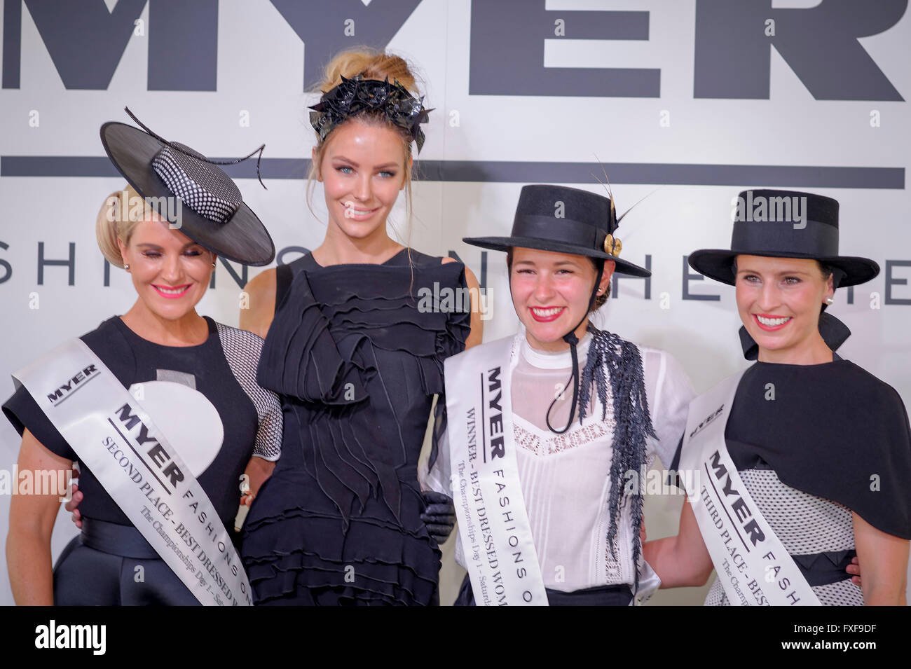 (L-R) Katie Flen, The Face of Myer Jennifer Hawkins, Viviana Parish and Chantelle Buckley following the Best Dressed Women’s Racewear (black & white) competition for the Myer Fashions on the Field competition at Royal Randwick. Racegoers dress in monochromatic ensembles to impress and compete for the track’s best dressed men and women vied and a piece of the $60,000 prize pool. Sydney, Australia. 02 April, 2016. © Hugh Peterswald/Alamy Live News Stock Photo