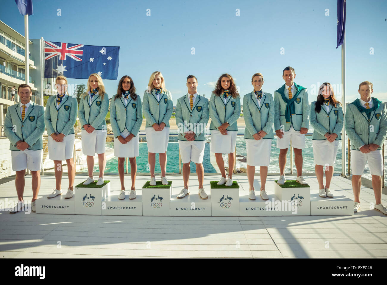 The Australian Olympic Committee (AOC) unveiled the Opening Ceremony Uniforms for the 2016 Australian Olympic Team on 30 March in Bondi, Sydney.  (L-R) Joshua Dunkley-Smith, Louise Bawden, Kaarle McCulloch, Taliqua Clancy, Annette Edmondson, Ed Jenkins, Jessica Fox, Penny Taylor, Jamie Dwyer, Charlotte Caslick and Ken Wallace Sydney, Australia. 30 March, 2016. © Hugh Peterswald/Alamy Live News Stock Photo
