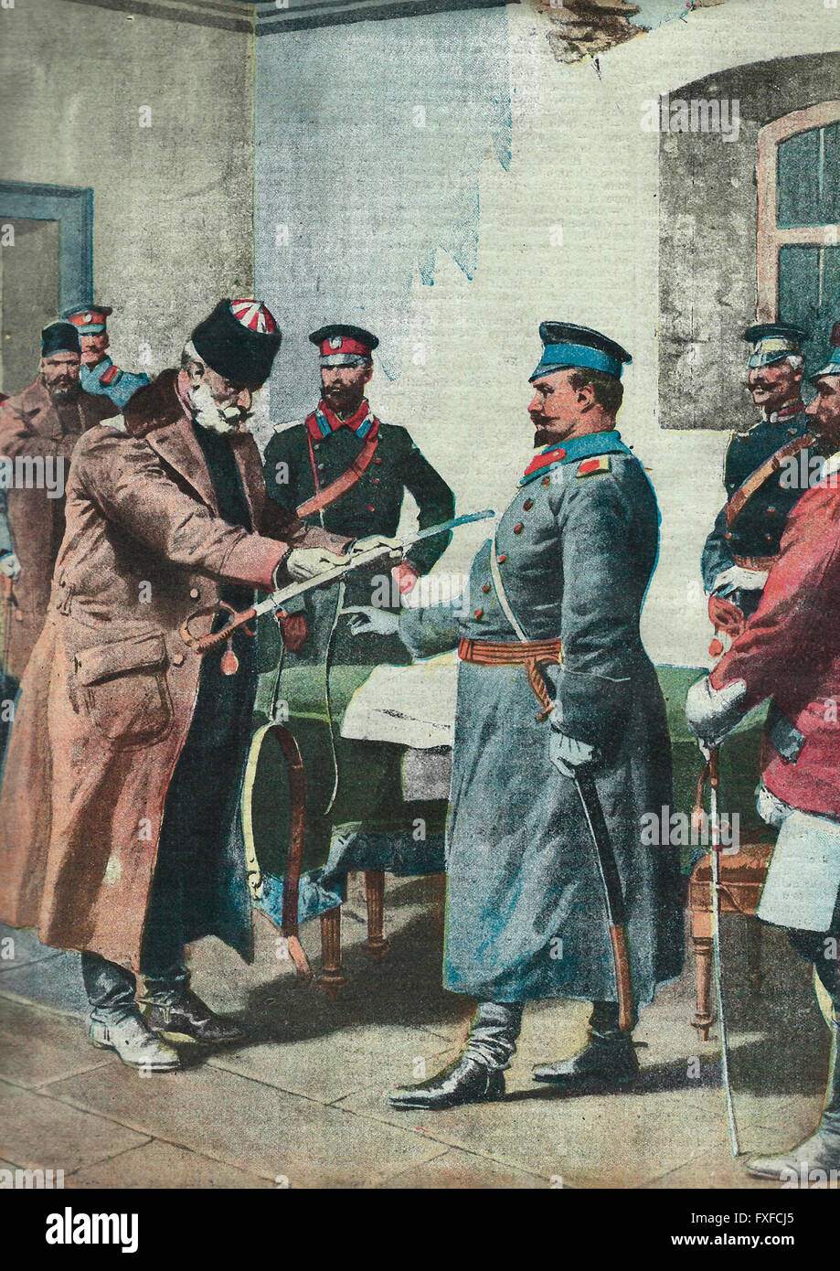 The yield of Adrianople - Sciukri Pasha delivered his sword to General Ivanoff, who refuses. 1913 Stock Photo