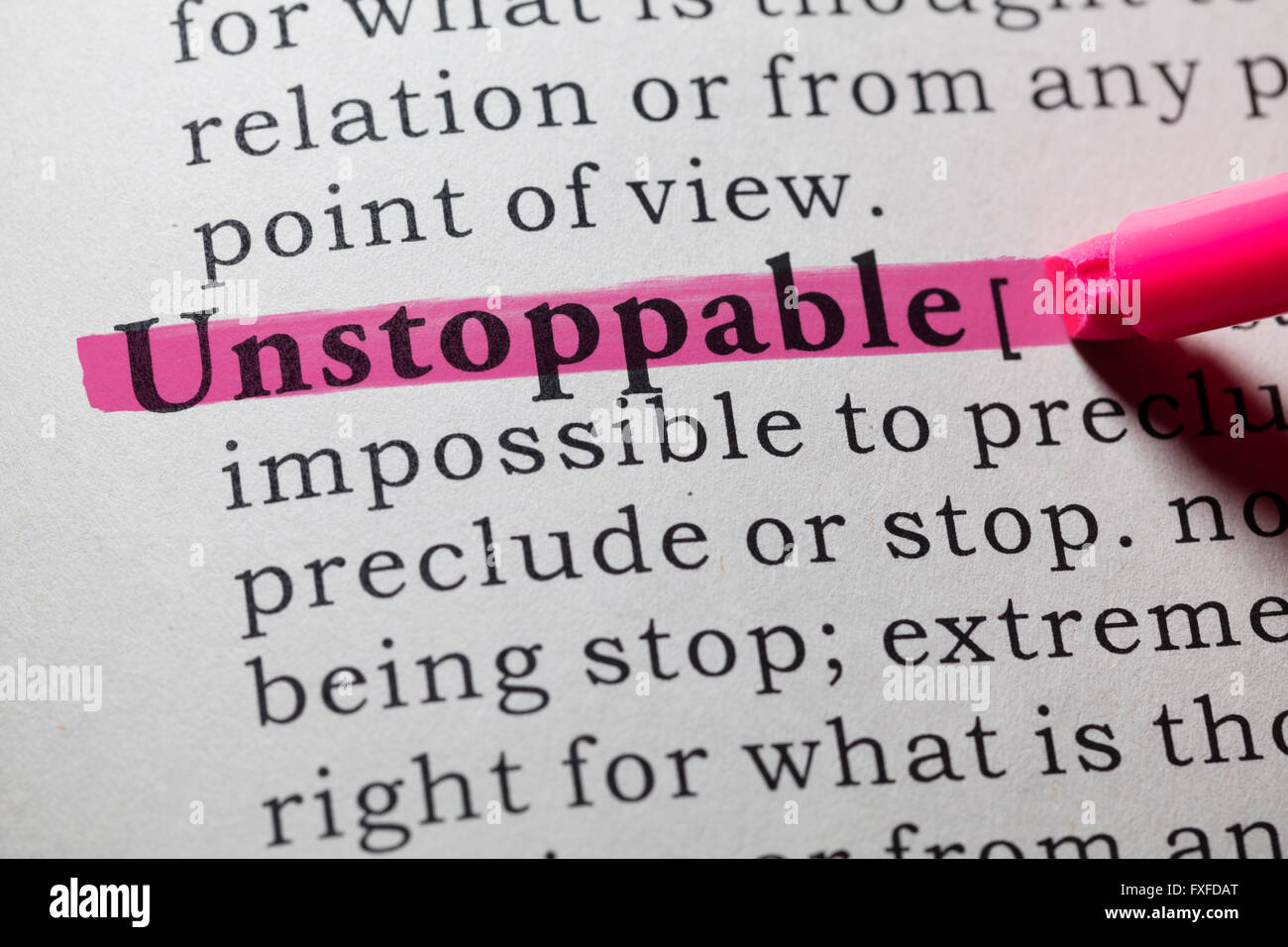 Fake Dictionary, Dictionary definition of the word unstoppable. Stock Photo
