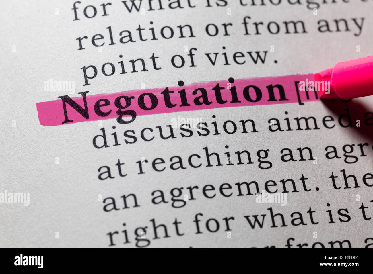 Fake Dictionary, Dictionary definition of the word negotiation. Stock Photo