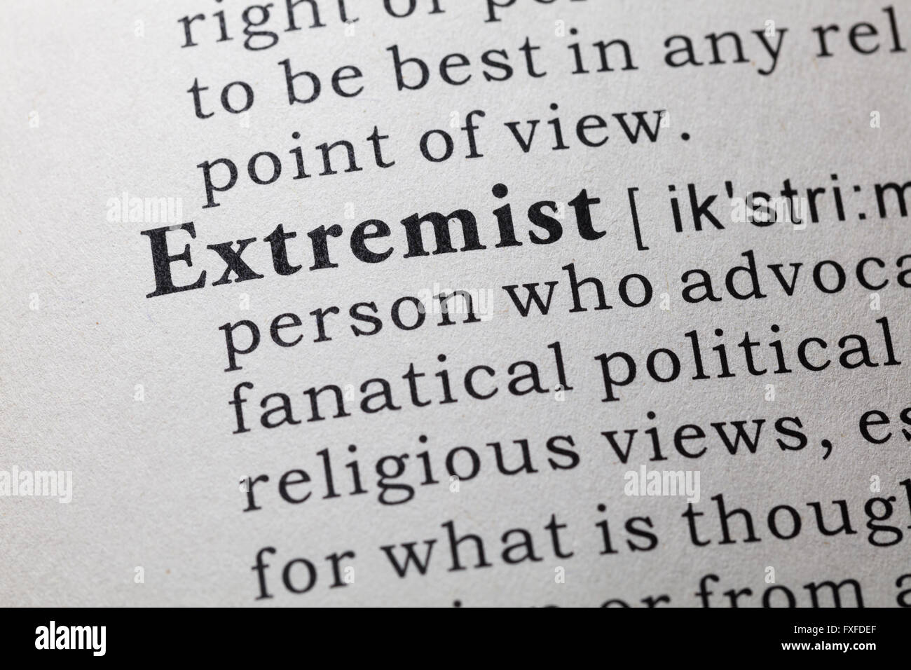 Fake Dictionary, Dictionary definition of the word Extremist. Stock Photo