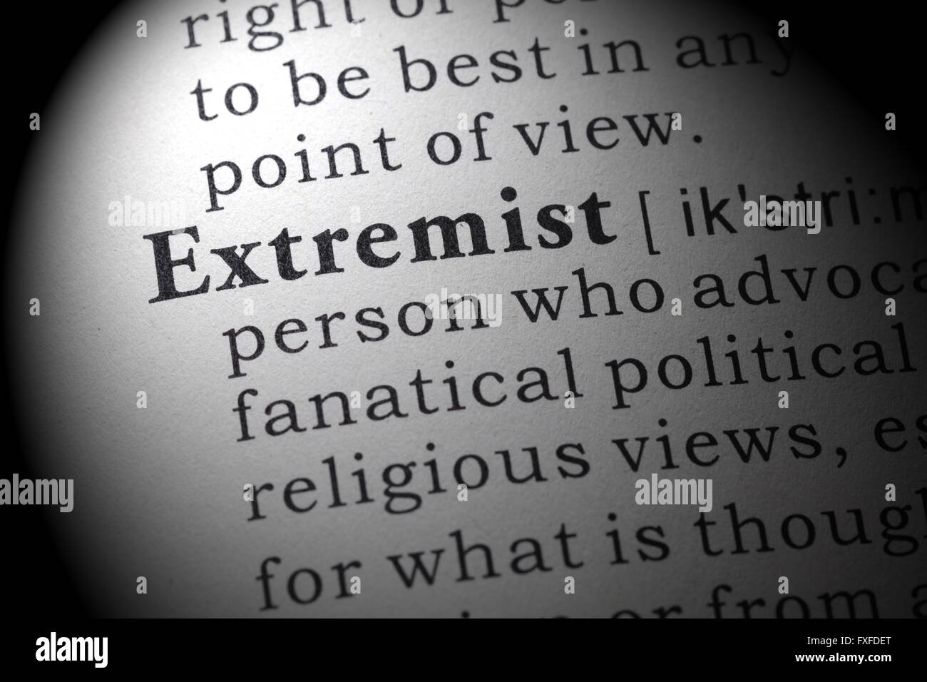 Fake Dictionary, Dictionary definition of the word Extremist. Stock Photo