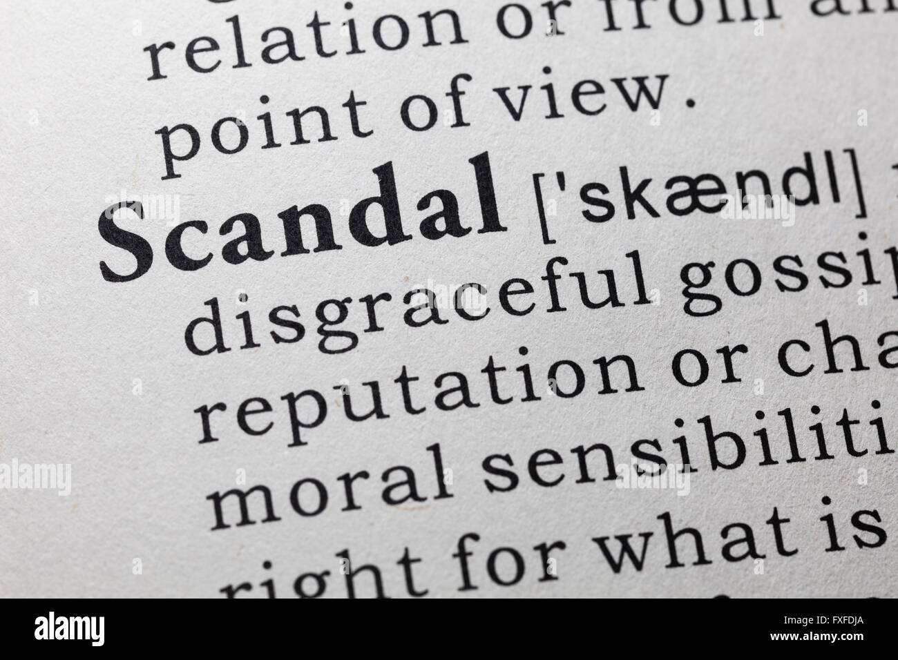 Fake Dictionary, Dictionary definition of the word scandal. Stock Photo