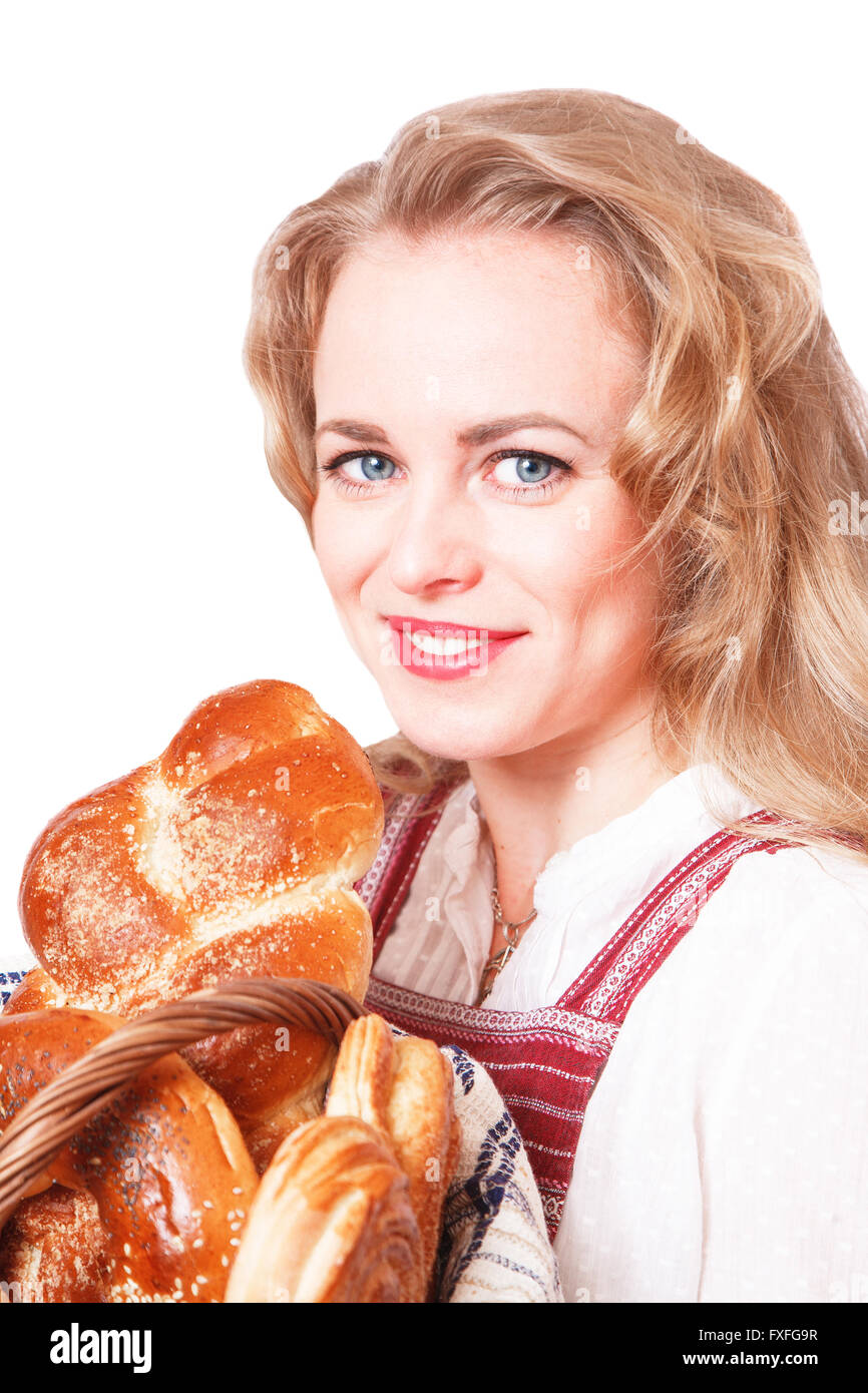 Portrait of cute smiling woman with pastries in her hands in the studio, isolated on white background Stock Photo