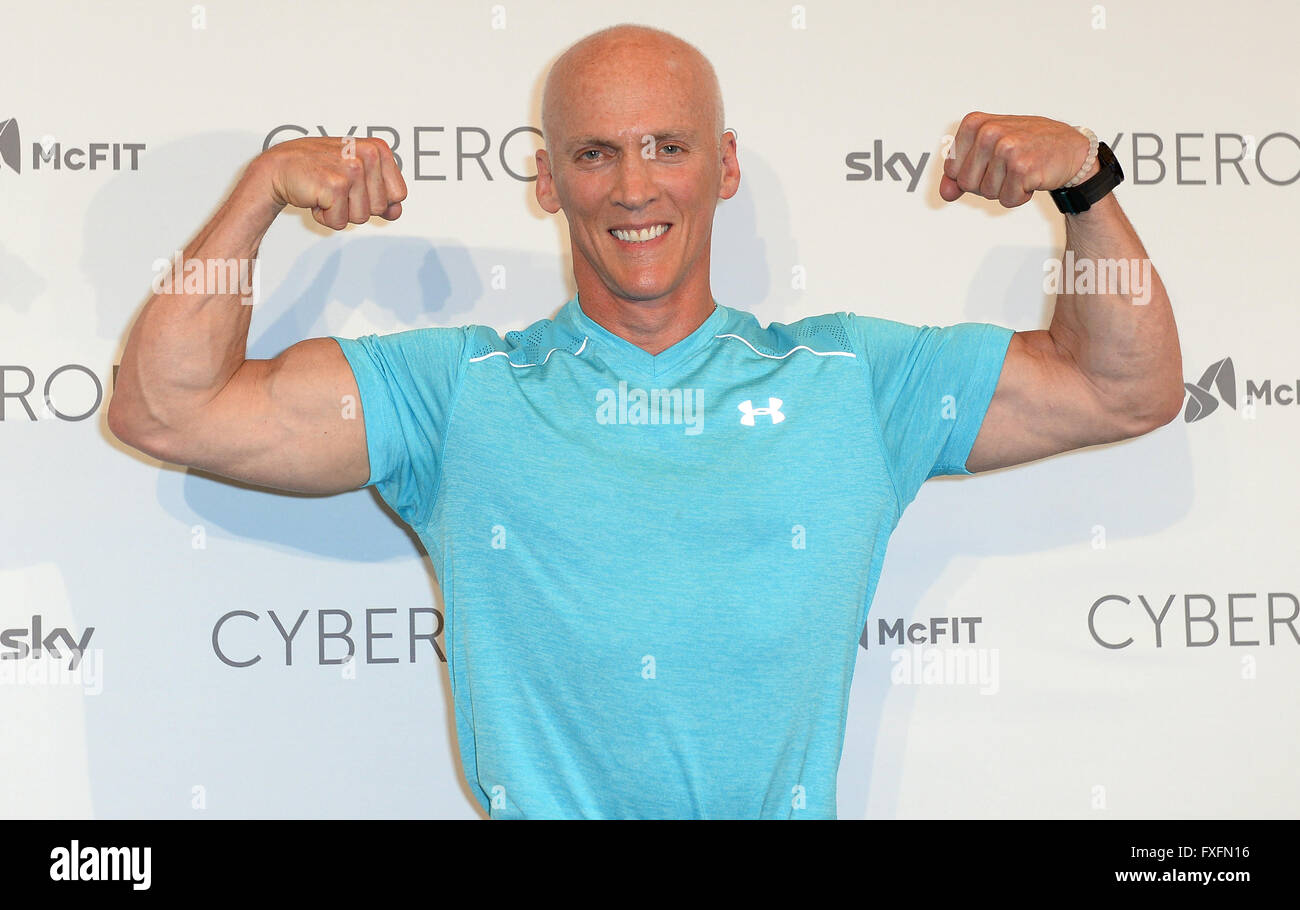 Berlin, Germany. 14th Apr, 2016. US fitness coach David Kirsch poses during the opening at the fitness studio 'World of Cyberobics' in Berlin, Germany, 14 April 2016. The fitness arena will open on 18 April 2016. Photo: Britta Pedersen/dpa/Alamy Live News Stock Photo