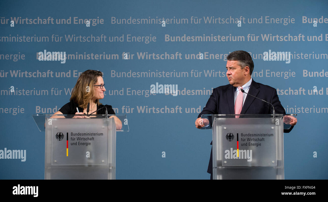 Berlin, Germany. 14th Apr, 2016. Canadian International Trade Minister Chrystia Freeland (L) and German Economy Minister Sigmar Gabriel (SPD, R) speak during a pres conference in Berlin, Germany, 14 April 2016. Freeland is in Berlin for bilateral talks on the Comprehensive Economic and Trade Agreement (CETA) free trade agreement between Canada and the European Union. Photo: GREGOR FISCHER/dpa/Alamy Live News Stock Photo
