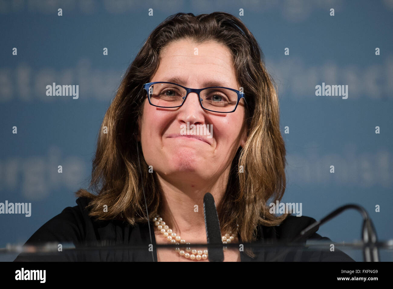 Berlin, Germany. 14th Apr, 2016. Canadian International Trade Minister Chrystia Freeland speaks during a pres conference in Berlin, Germany, 14 April 2016. Freeland is in Berlin for bilateral talks on the Comprehensive Economic and Trade Agreement (CETA) free trade agreement between Canada and the European Union. Photo: GREGOR FISCHER/dpa/Alamy Live News Stock Photo