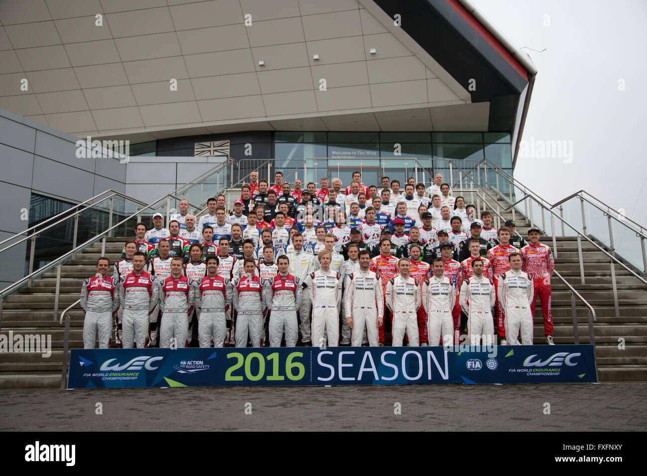 Silverstone, UK. 15th April, 2016. Team photo of all the drivers in the WEC at the 6 hours of Silverstone Credit:  steven roe/Alamy Live News Stock Photo