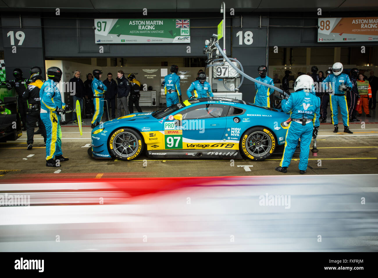 Silverstone, UK. 15th Apr, 2016. The No97 Aston Martin GTE during a pit stop in free practise one Credit:  steven roe/Alamy Live News Stock Photo