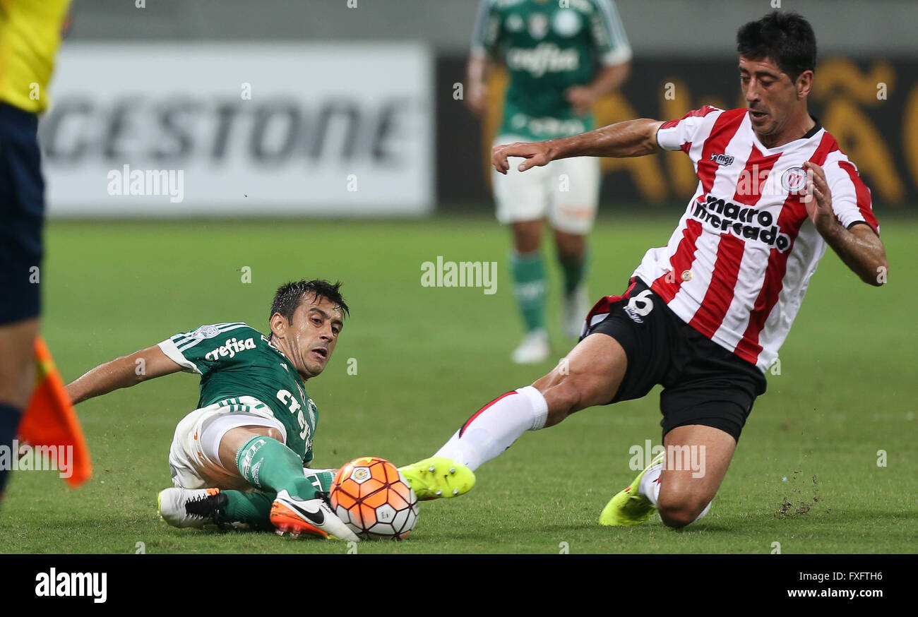 SAO PAULO, Brazil - 04/14/2016: PALM RIVER PLATE X URU - Robinho player, SE  Palmeiras, ball dispute with Cristian Gonzalez, CA River Plate during match  valid for the sixth round of the