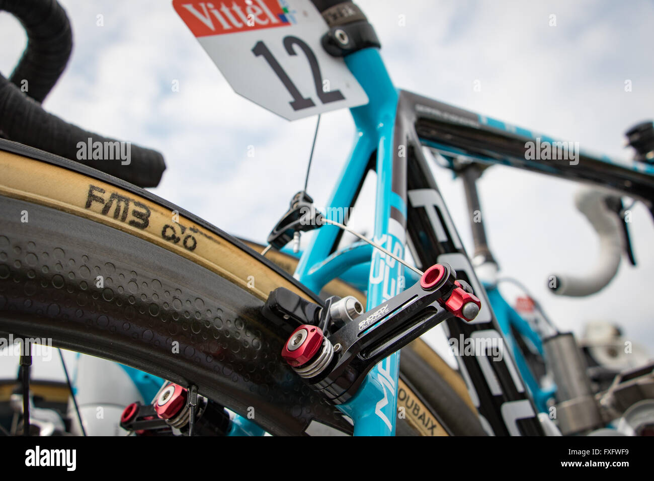 Seraing, Belgium. 7th July, 2015. Tour de France, Stage 4. In advance of cobblestone sectors on Stage 4, several teams prepare alternate bikes for riders to swap mid-race. The AG2R - La Mondiale team had several cantilever-equipped Focus Mares cyclocross bikes to compliment riders' standard issue Izalco Max road bikes. John Kavouris/Alamy Live News Stock Photo