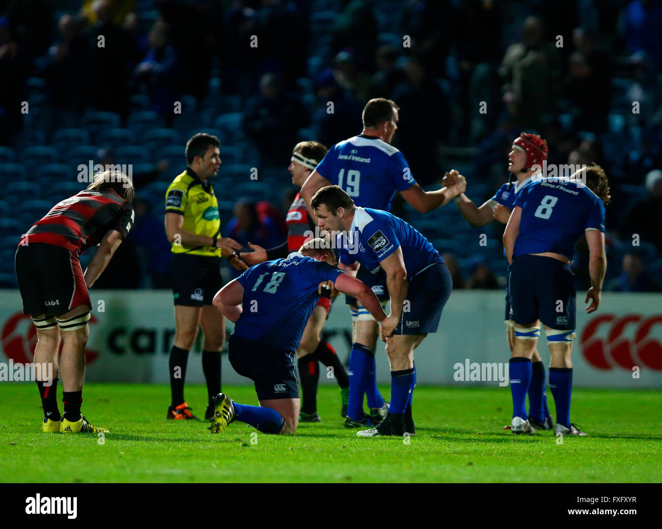 RDS Arena, Dublin, Ireland. 15th Apr, 2016. Guinness Pro12 Leinster versus Edinburgh. The players catch their breath at the final whistle. Credit:  Action Plus Sports/Alamy Live News Stock Photo
