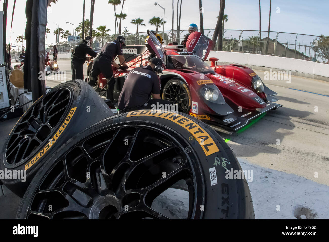 Long Beach, CA, USA. 15th Apr, 2016. Long Beach, CA - Apr 15, 2016: The SpeedSource Mazda pits during a practice session at the Toyota Grand Prix of Long Beach at Streets of Long Beach in Long Beach, CA. Credit:  csm/Alamy Live News Stock Photo