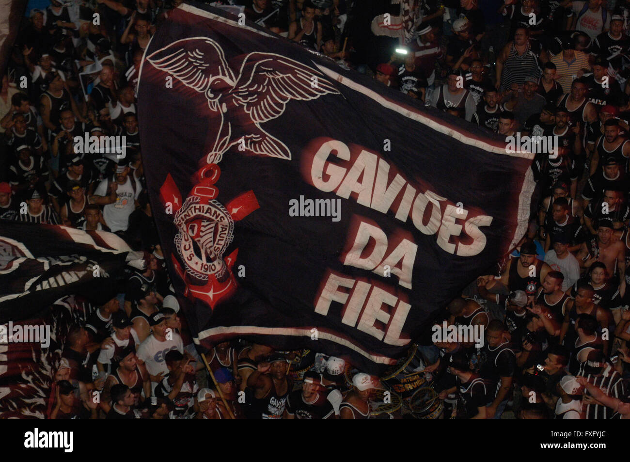 SAO PAULO, Brazil - 15/04/2016: ATO GAVI?ES IN ANHANGABA? - The Hawks of the Faithful, organized Corinthians fans, held protest in the Valley of Anhangaba?, center, against the current management of football and against the Mafia meals in schools state. (Photo: Ricardo Bastos / FotoArena) Stock Photo